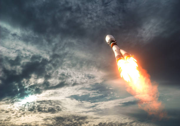 Cargo Carrier Rocket Takes Off To The Clouds Cargo Carrier Rocket Takes Off To The Clouds. 3D Illustration. baikonur stock pictures, royalty-free photos & images