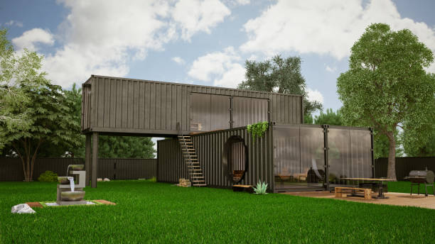 Cargo Container House with Garden Cargo Container House with Garden. 3D Render prefabricated building stock pictures, royalty-free photos & images