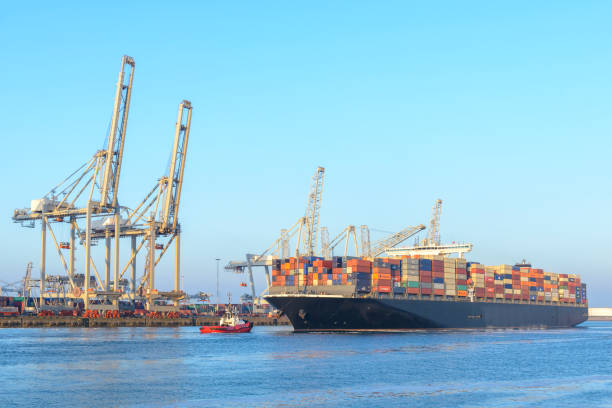 container vrachtschip bij een containerterminal in de haven van rotterdam - rotterdam stockfoto's en -beelden