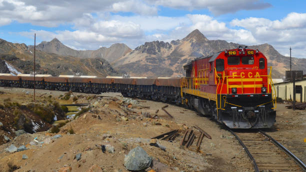 A cargo train at the Gallera station on the Ferrocarril Central line near Huancayo, Peru. stock photo
