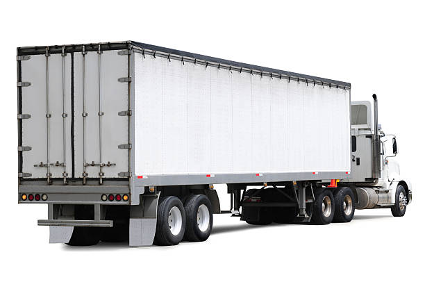 Cargo truck. Rear and side view of a commercial truck over white background. Soft feather applied. semi truck back stock pictures, royalty-free photos & images
