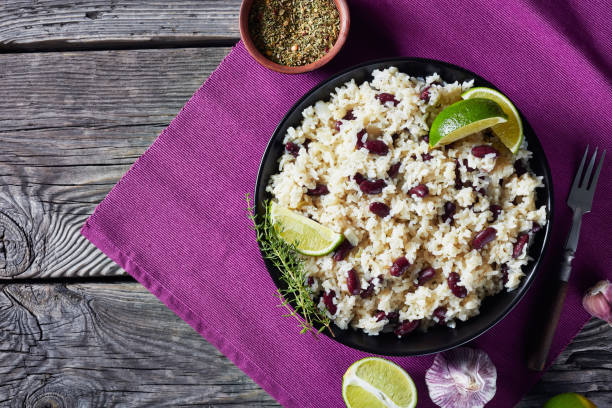 Caribbean Rice and Red Beans seasoned with garlic, onions and creole spice stock photo