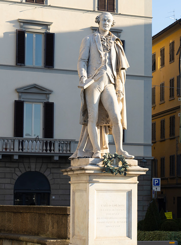 Florence, Italy. January 2022. the statue of Carlo Goldoni in the historic center of the city