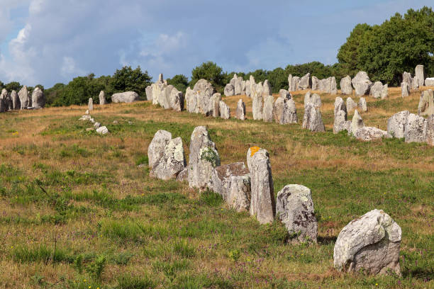 Carnac stones - Alignments of Kermario - rows of menhirs in Brittany stock photo