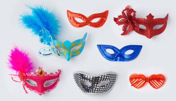 carnival or mardi gras masks on white background for mock up template design. view from above. flat lay - carnival accessories flat lay imagens e fotografias de stock