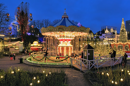 Carousel and christmas illumination in Tivoli Gardens in Copenhagen, Denmark