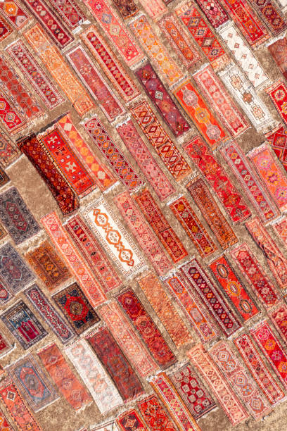Carpet Field Aerial view of colourful carpets  under sunlight for accelerated ageing. Taken via drone. Antalya, Turkey. anatolia stock pictures, royalty-free photos & images