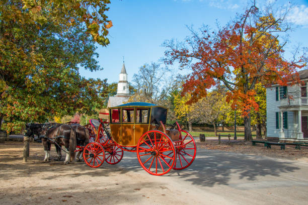 Carriage and Horses A horse drawn carriage along the street in Williamsburg in the Fall. williamsburg virginia stock pictures, royalty-free photos & images