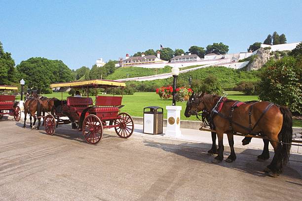Carriages line up Row of carriages lined up in front of the fort on Mackinaw Island mackinac island stock pictures, royalty-free photos & images