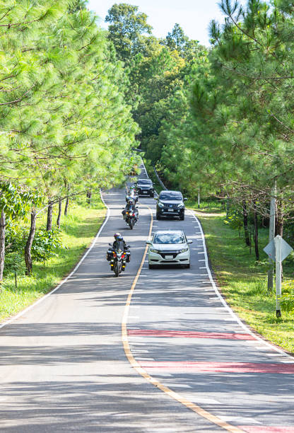 Cars and motorcycles on Asphalt road that is hilly and curved With pine trees on both sides of the road at Baan E-Tong , Kanchanaburi , Thailand. July 6 , 2020 stock photo