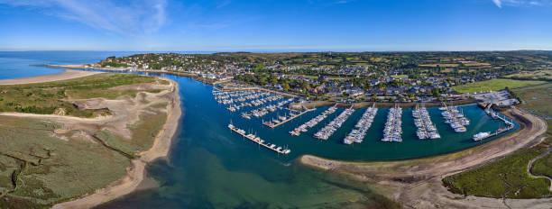Carteret Marina and estuary, France Aerial panoramic image of Carteret marina and estuary on a sunny day in France barneville carteret photos stock pictures, royalty-free photos & images