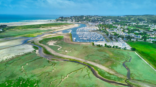 Carteret Aerial image of Carteret Village, marina, estuary, sea and beach"n barneville carteret photos stock pictures, royalty-free photos & images
