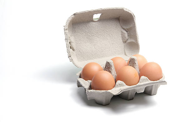 Carton of six brown eggs on white background stock photo
