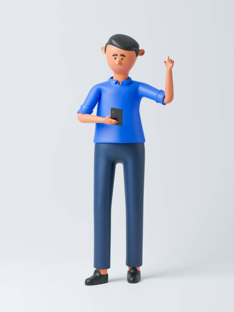Cartoon character man with smartphone stock photo