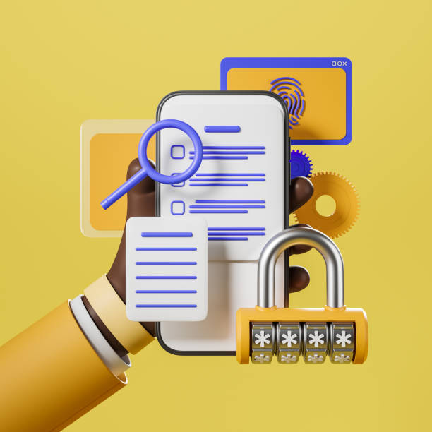 Cartoon hand with smartphone and code lock bright background, online security stock photo