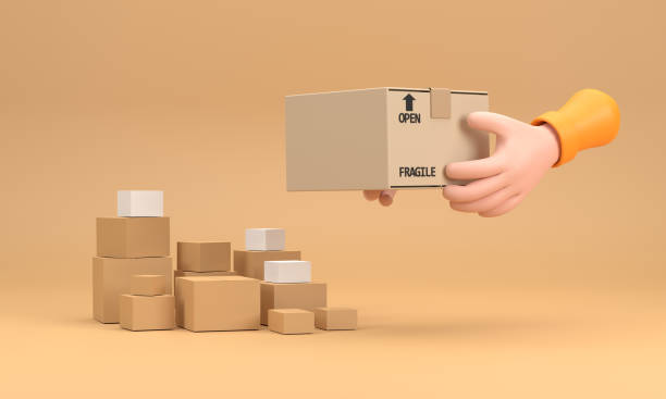 Cartoon hands holding parcel isolated over orange and box background. stock photo