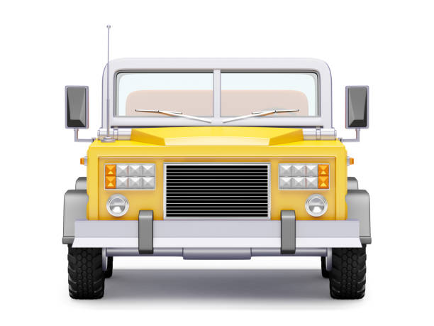 cartoon safari suv gele voorkant - front view old jeep stockfoto's en -beelden