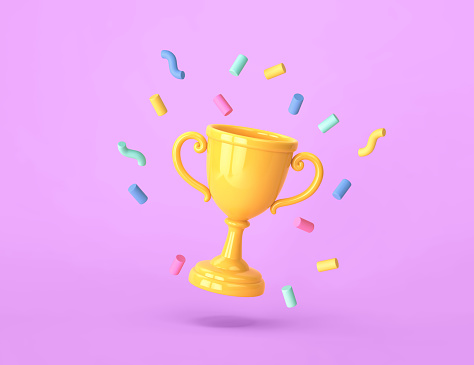 Cartoon winners trophy, champion cup with falling confetti on purple background. 3D rendering
