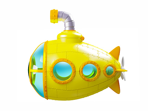 cartoon yellow submarine side view isolated on white. 3d illustration