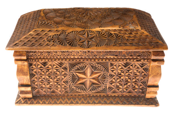 carved wooden box stock photo