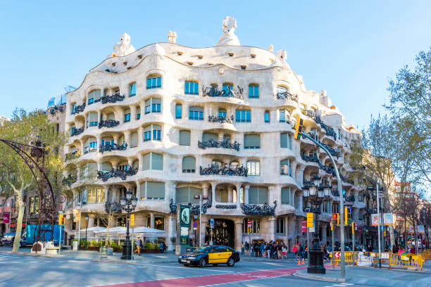 Casa Mila, designed by Antonio Gaudi, Barcelona, Spain Barcelona, Spain - April 2, 2015: Casa MIla is building famous architect Antonio Gaudi, view from outside, Barcelona, Spain casa mil�� stock pictures, royalty-free photos & images