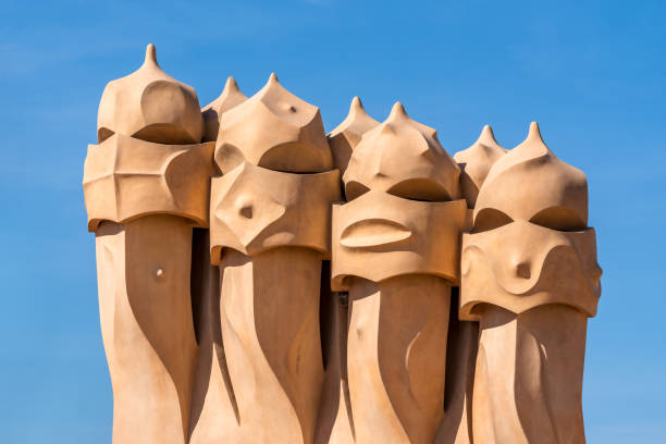 Casa Mila in Barcelona, Spain May 8, 2021 - Barcelona, Spain: Roof top picture from Casa Mila taken during the day casa milà stock pictures, royalty-free photos & images