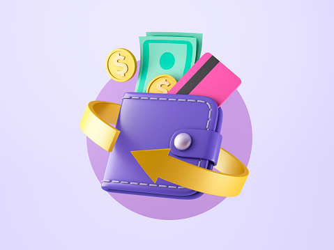 Saving money. Money refund. Pile coins in the cashback wallet for online payment. 3d illustration