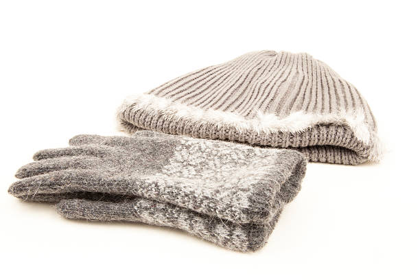 Cashmere grey winter gloves and hat or tuque stock photo