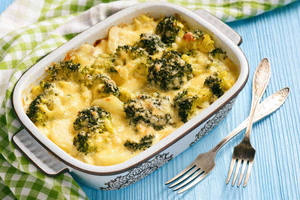 Casserole with broccoli, potatoes, eggs and cheese. stock photo