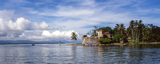 Rio Dulce, Guatemala - aug 12, 1988: the Castillo de San Felipe stands on a promontory at the entrance to Lake Izabal and was an important defense garrison from Caribbean pirates
