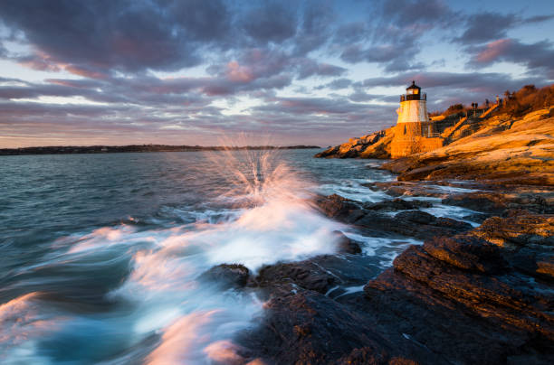 Castle Hill Lighthouse Landscape at Sunset Rhode Island, Newport - Rhode Island, Lighthouse, Sunset, Atlantic Ocean newport rhode island stock pictures, royalty-free photos & images