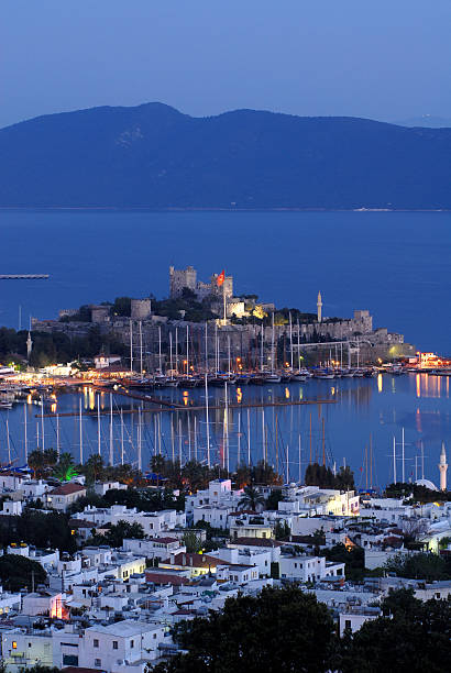 Castle of St Peter in Bodrum, Turkey at dusk stock photo