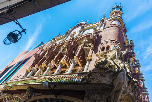 Barcelona, Spain - April 19, 2016: Facade of the Palau de la Musica Catalana (Catalan music palace). It is a concert hall designed by Lluis Domenech i Montaner and is part of the UNESCO world heritage sites.