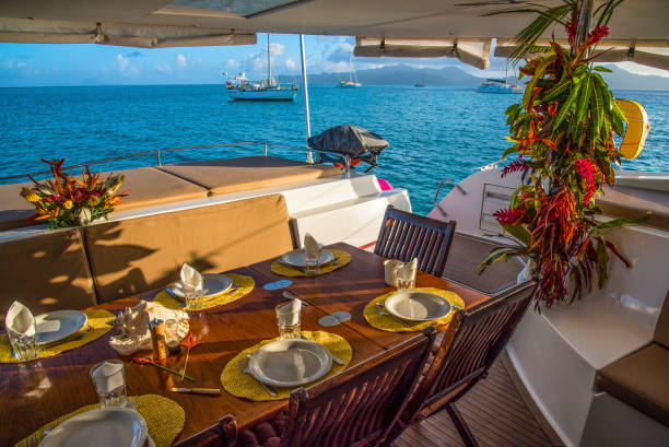 Catamaran dining stock photo