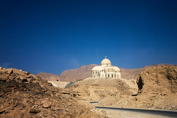 cathedral in desert new Coptic Christian cathedral in Egyptian desert, St. Paul monastery coptic christianity stock pictures, royalty-free photos & images