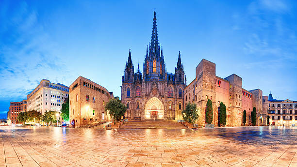 kathedrale von barcelona, das gotische stadt bei nacht, panorama. - barcelona stock-fotos und bilder
