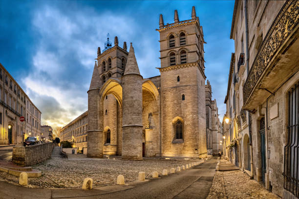 Cathedral of Saint Peter at dusk in Montpellier, France Gothic Cathedral of Saint Peter at dusk in Montpellier, Occitanie, France bbsferrari stock pictures, royalty-free photos & images