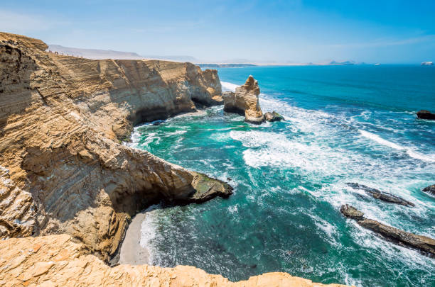 Cathedral Rock Formation, Peruvian Coastline, Rock formations at the coast, Paracas National Reserve, Paracas, Ica Region, Peru stock photo
