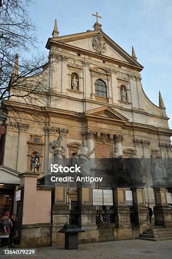 istock Catholic church of Holy Apostles Peter and Paul, baroque architectural monument of 1635 on Grodskaya street, Krakow, Poland 1364079229
