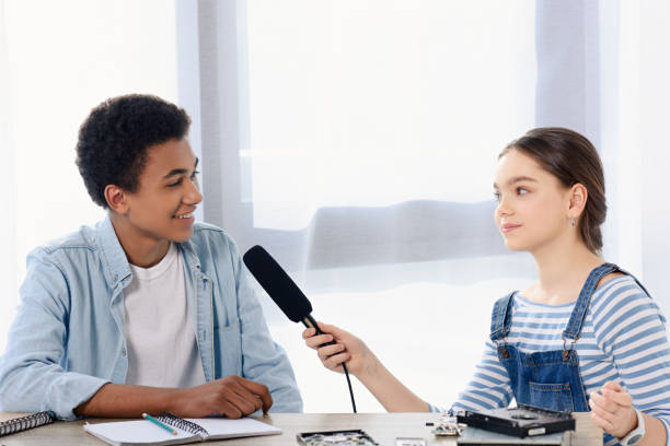 Media interview or TV report - microphone in hand and dialog box on bright background - vector template for breaking news headline, banner or poster