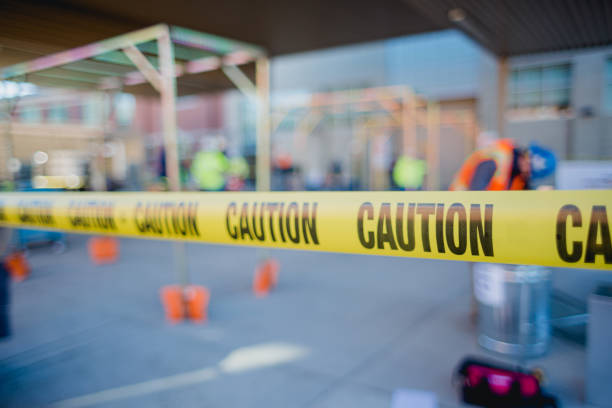 Caution tape at Construction Job Site stock photo