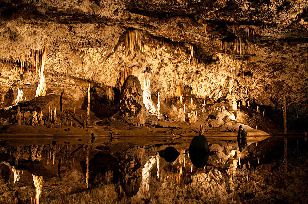 Cave with many stalagmites and stalactites stock photo