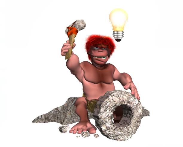 Caveman with the idea of creating the wheel stock photo