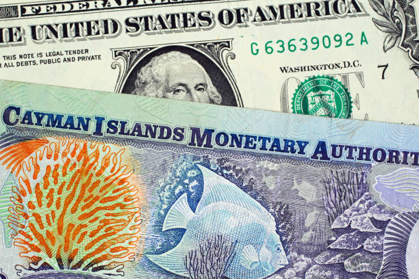 Cayman Islands One Dollar Bill With American One Dollar Bill stock photo
