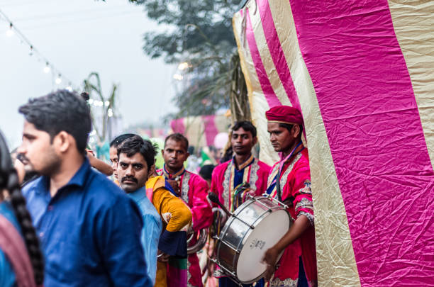 Celebration of Chath Puja Ghaziabad, Uttar Pradesh/India - Nov 2019 : Artists playing drum band to celebrate the festival of Chhath Puja chhath stock pictures, royalty-free photos & images