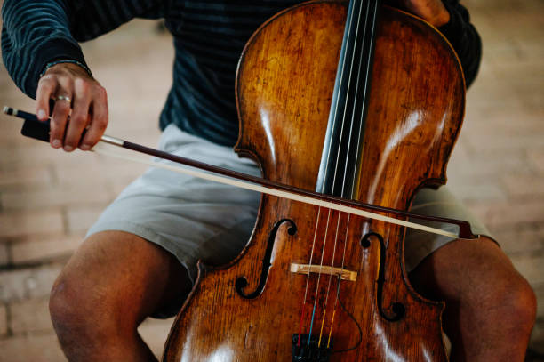 Cellist plays music on a cello with a bow stock photo