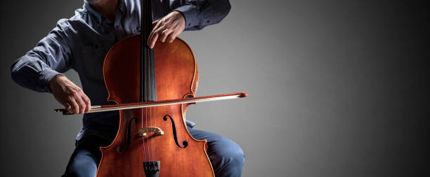 Cello player or cellist performing in an orchestra background stock photo