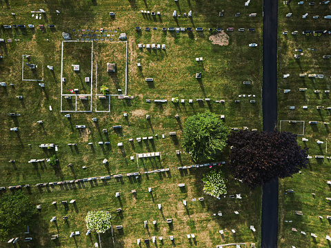 Aerial drone view of a large cemetery.