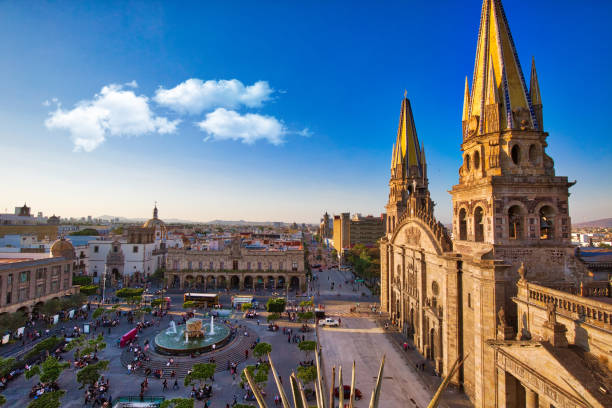 Central Landmark Cathedral (Cathedral of the Assumption of Our Lady) located on the central plaza of Guadalajara stock photo