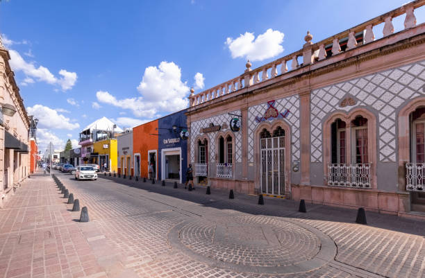Central Mexico, Aguascalientes colorful streets and colonial houses in historic city center, one of the main city tourist attractions stock photo